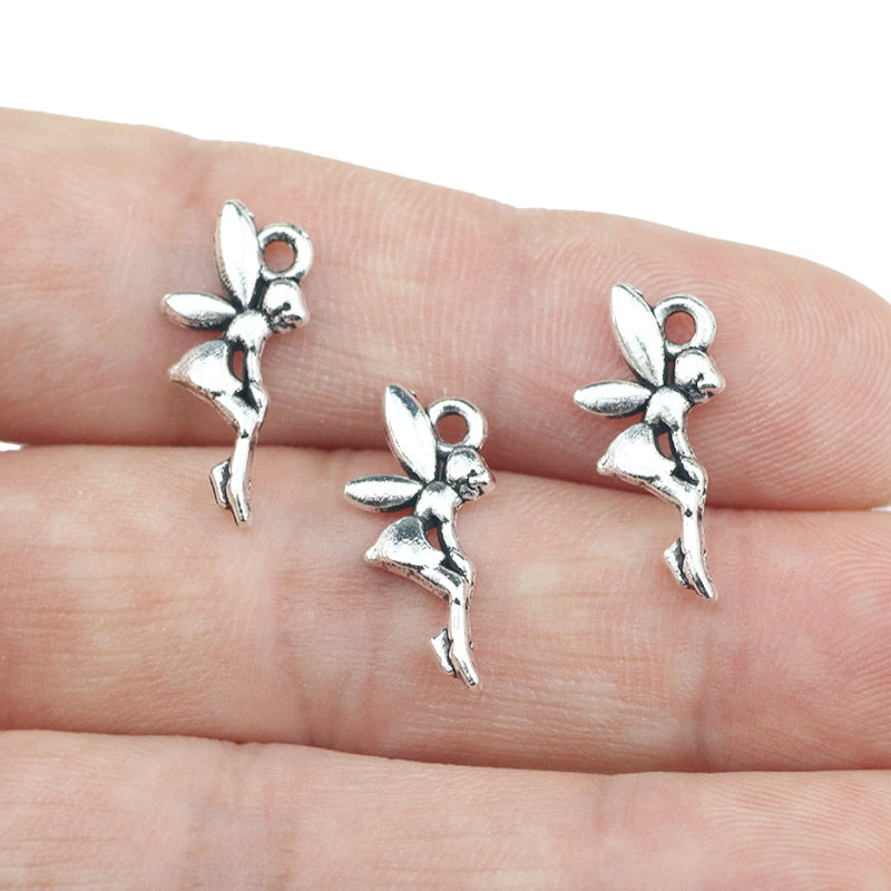 Tiny Fairy Charms Mini Fay Fae (12pcs) (18mm x 8mm / Tibetan Silver) Fairytale Bracelet Earrings Zipper Pulls Bookmarks Keychains CHM330
