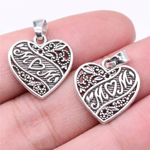 10Pcs/Lot Charms Heart Mom 18x18mm Antique Silver Color Pendants DIY Crafts Making Findings Handmade Tibetan Jewelry