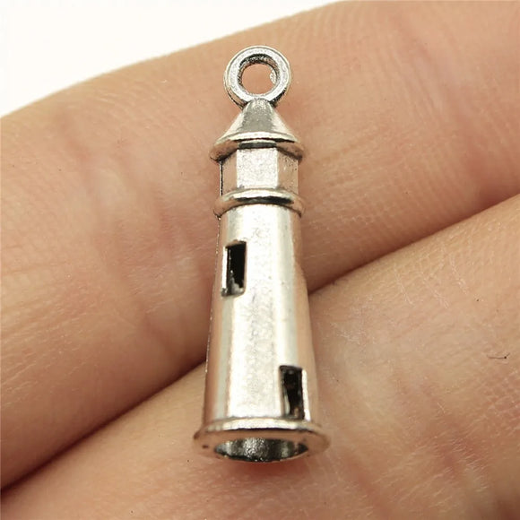 10Pcs/Lot Charms Hollow 3D Lighthouse 25x8mm Antique Bronze Silver Color Pendants Making DIY Handmade Tibetan Bronze Jewelry