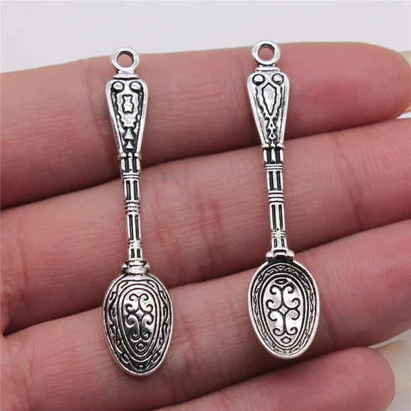 10Pcs/Lot Charms Pattern Spoon 49x10mm Antique Bronze Silver ColorPlated Pendants Making DIY Handmade Tibetan Jewelry