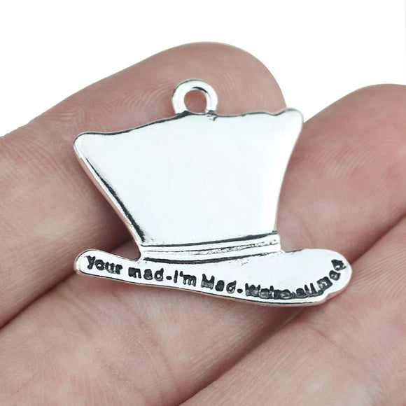 10Piece 23*29mm Antique Silver Plated Your Mad I'm Mad We're All Mad Hat Charm Pendant For DIY Jewelry Making