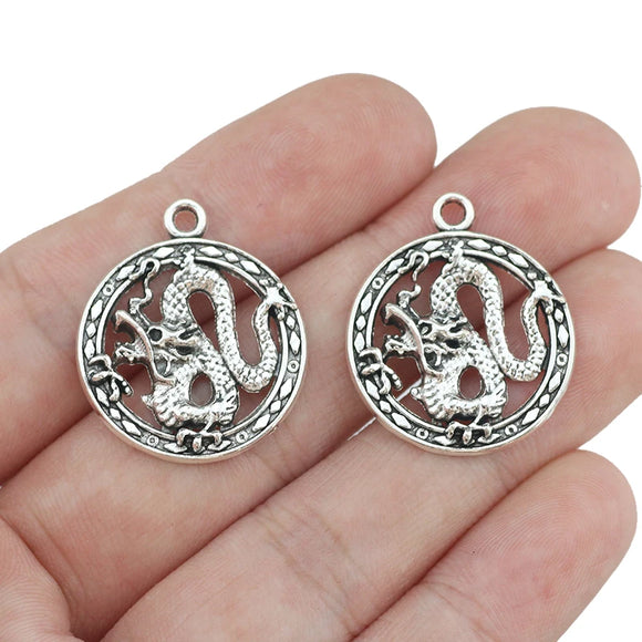 10Pieces 27*23mm Mixed Alloy Antique Silver Color Dragon Wicca Charms Keychain Pendant Accessory For DIY Jewelry Making