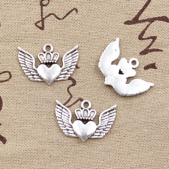 15pcs Charms Crown Heart Wings 17x24mm Antique Bronze Silver Color Pendants Making DIY Handmade Tibetan Finding Jewelry