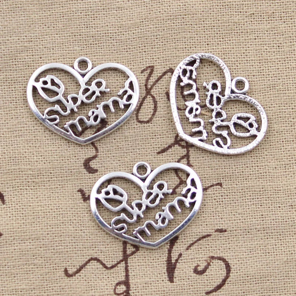 10pcs Charms Heart Super Mama 20x26mm Antique Silver Color Pendants Making DIY Handmade Tibetan Finding Jewelry