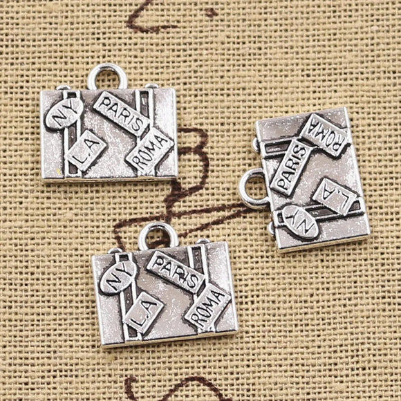10pcs Charms Travel Bags New York Paris Roma LA 15x16mm Antique Silver Color Plated Pendants Making DIY Handmade Tibetan Jewelry