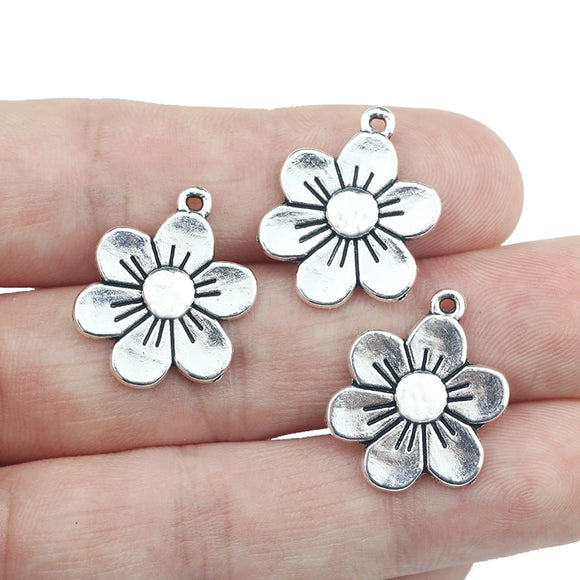 10pcs/lot 17*21.5mm Alloy Flower Charm Antique Silver Color Bloom Flower Charms Pendant For DIY Neckalce Jewelry Making