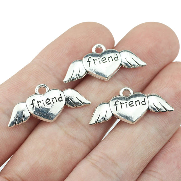 10pieces 13x26mm Small Heart Wing Charm Carved Friend Antique Silver Color Angel Wing Pendant For Jewelry Making DIY Findings