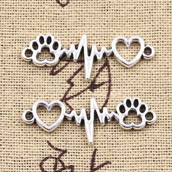 12pcs Charms ECG Heartbeat Connector Heart Dog Claw Link 12x34mm Antique Silver Color Pendant Making DIY Tibetan Finding Jewelry