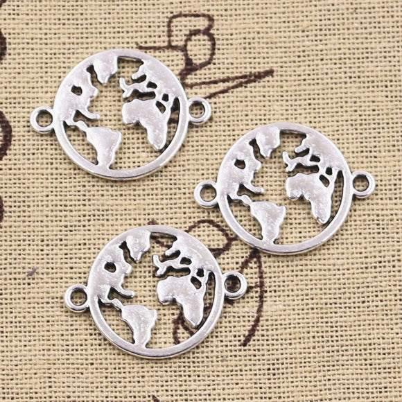 12pcs Charms World Map Link Earth Connector 20x26mm Antique Bronze Silver Color Pendants Making DIY Handmade Tibetan Finding