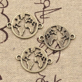 12pcs Charms World Map Link Earth Connector 20x26mm Antique Bronze Silver Color Pendants Making DIY Handmade Tibetan Finding