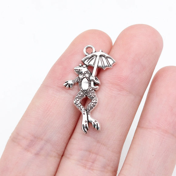 13pcs Charms Frog Holding Lotus Leaf Umbrella 27x16mm Antique Silver Color Pendants DIY Jewelry Making Handmade Tibetan Jewelry