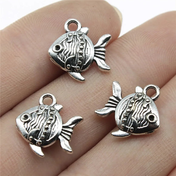 15pcs/lot 14x15mm Charms Double Sided Fish Goldfish Antique Pendant Fit Vintage Tibetan Silver Color DIY Handmade Jewelry
