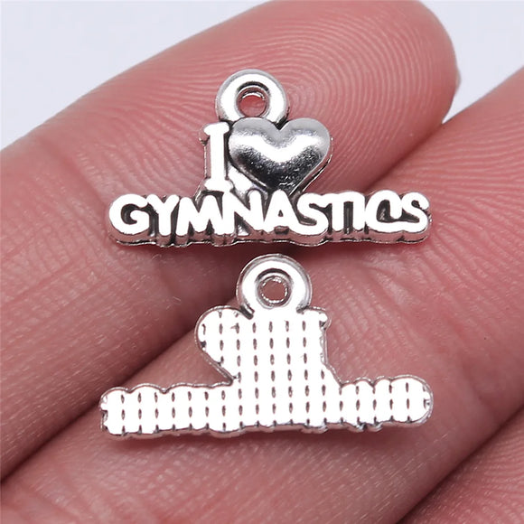 20 Pcs/Lot 11*20mm Antique Silver Plated I Love Gymnastics Charms Sports Metal Charm Wholesale