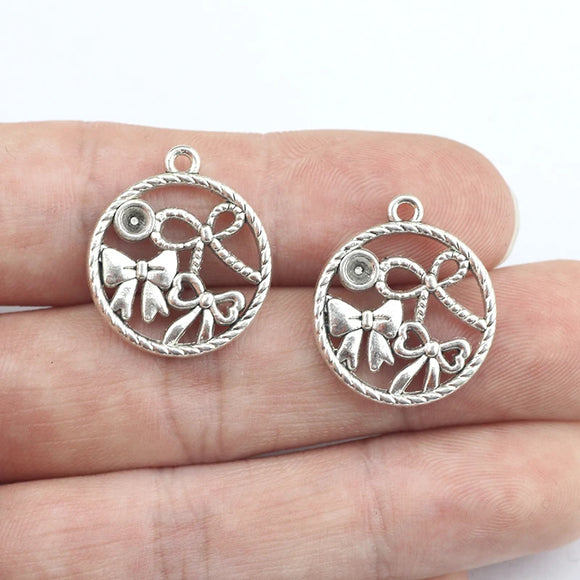 20 Pieces/Lot 24mm*20mm Antique Silver Plated Round Metal Bowknot Charm For Diy Jewelry Making