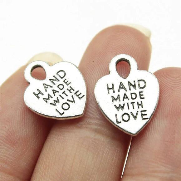 20Pcs/Lot Charms Heart Hand Made With Love 15x12mm Antique Silver Color Pendants Making DIY Handmade Tibetan Finding Jewelry