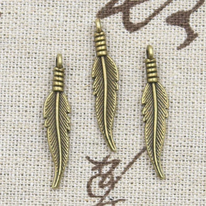 20pcs Charms Double Sided Feather 31x6mm Antique Bronze Silver Color Pendants Making DIY Handmade Tibetan Finding Jewelry