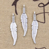 20pcs Charms Double Sided Feather 31x6mm Antique Bronze Silver Color Pendants Making DIY Handmade Tibetan Finding Jewelry