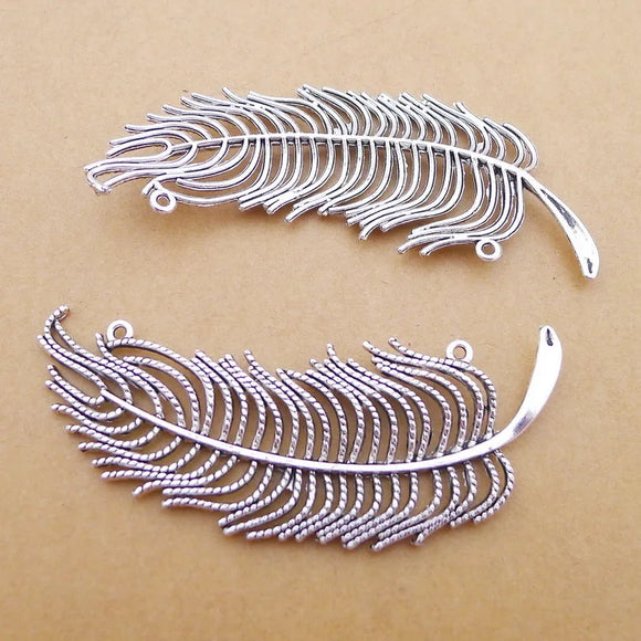 2Pcs 30*74mm Tibetan Silver Color Alloy Feather Charms Hollow Necklace Earring Pendant Accessory Charms For DIY Jewelry Making