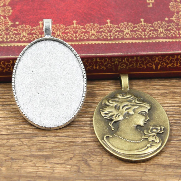 2pcs New Fashion 40x30mm Inner Size Antique Bronze Silver Color Classic Oval Lady Style Cabochon Base Setting Charms Pendant