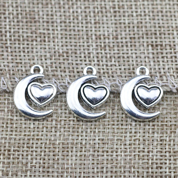 30 Pieces/Lot 18mm*14mm Antique Silver Plated Heart Moon Charms For Diy Jewelry Making