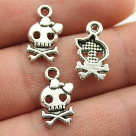 30Pcs/Lot  Charms Skull Skeleton Bone Head 16*9mm Antique Bronze Silver Color Pendants Making DIY Handmade Tibetan Jewelry