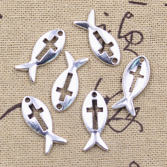 30pcs Charms Fish Cross 20x8mm Antique Silver Color Pendants Making DIY Handmade Tibetan Finding Jewelry