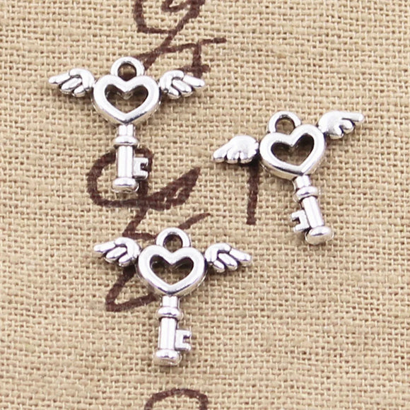 30pcs Charms Fly Heart Key 14x14mm Antique Tibetan Bronze Silver Color Pendant Findings DIY Vintage Choker Handmade Jewelry