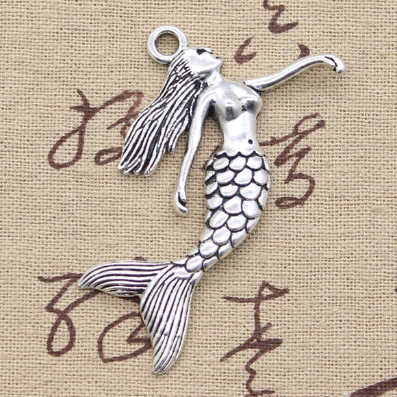 3pcs Charms Dancing Mermaid 57x53mm Antique Silver Color Plated Pendants Making DIY Handmade Tibetan Finding Jewelry