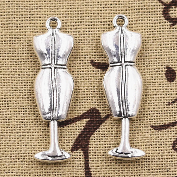 4pcs Charms Female Dress Mannequin Seamstress Dressmaker 38x11mm Antique Silver Color Pendants Making DIY Tibetan Finding