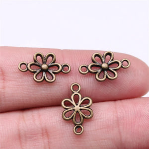 50Pcs/Lot 15*9mm Hollow Flower Metal Charm Connector Antique Silver Color Making DIY Handmade Tibetan Jewelry DIY