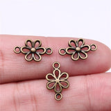 50Pcs/Lot 15*9mm Hollow Flower Metal Charm Connector Antique Silver Color Making DIY Handmade Tibetan Jewelry DIY