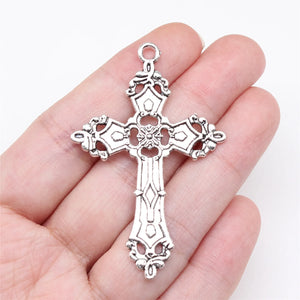 5pcs Silver Color 55x36mm Cross With Pattern Charms Solemn Religious Pendant Fit DIY Handmade Jewelry Making Finding Supplies