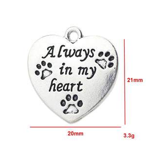 6 Pieces/lot 20*21mm Antique Silver Color Always In My Heart  Sweet Love Heart Dog Paw Pendant  For Women DIY Jewelry Making　