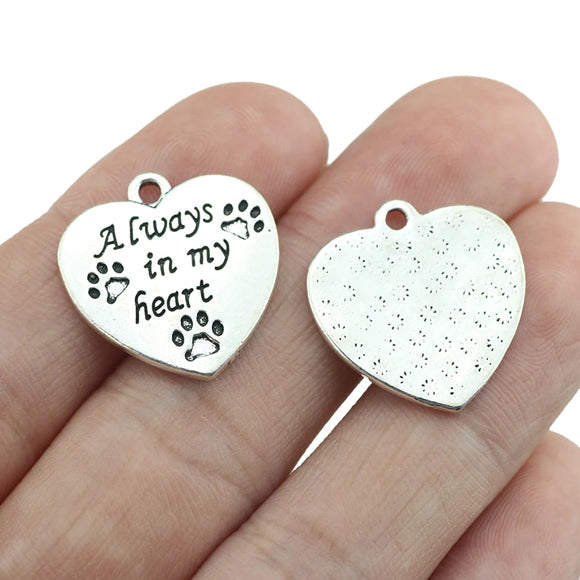 6 Pieces/lot 20*21mm Antique Silver Color Always In My Heart  Sweet Love Heart Dog Paw Pendant  For Women DIY Jewelry Making　