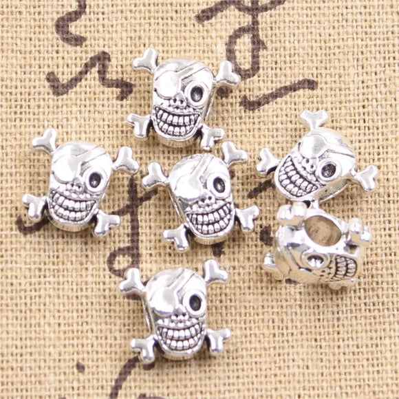6pcs 12x8x14mm Skull Pirate Flag 4.5mm Big Hole Bead Antique Silver Color Beads Charms Fits Diy Charms Bracelet Jewelry Beads