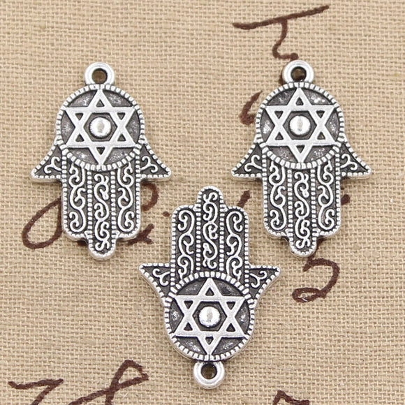 10pcs Charms Hamsa Palm Fatima Hand Star Of David 28x19mm Antique Silver Color Pendants DIY Handmade Tibetan Finding Jewelry