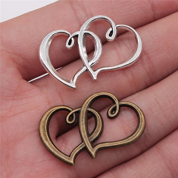 8Pcs/Lot Charms Double Heart 32x25mm Hollow Antique charms,pendant fit,Vintage Tibetan Bronze Silver color,DIY Handmade Jewelry