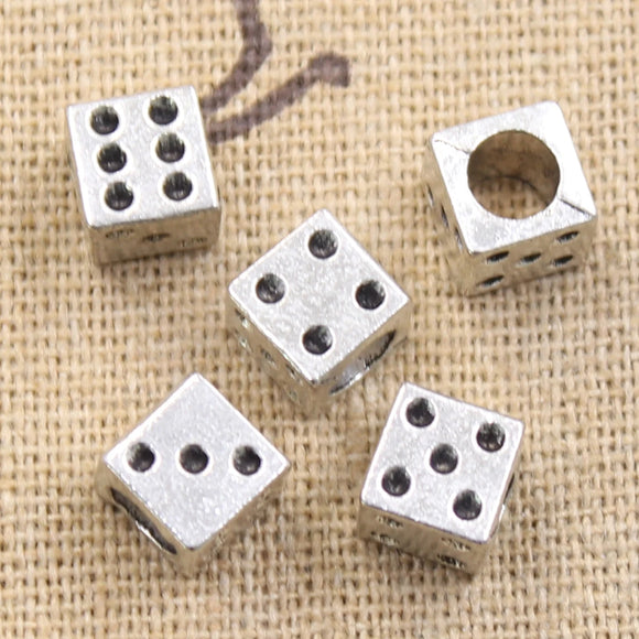 10pcs 7x7x7mm Casino Lucky Dice 4.5mm Big Hole Bead Charm Fits Antique Silver Color Charm Bracelets Wholesale