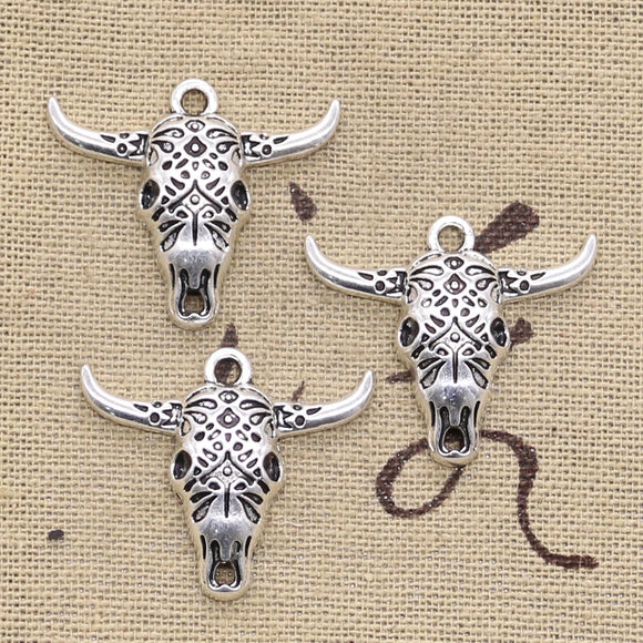 10pcs Charms Skull Bull Ox Head 25x29mm Antique Silver Color Plated Pendants Making DIY Handmade Tibetan Finding Jewelry h0798