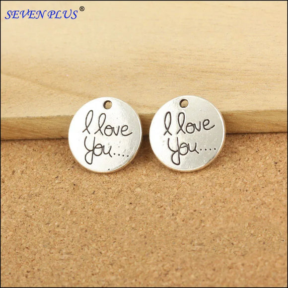 High Quality 20 Pieces/Lot 20mm*20mm Antique Silver Plated Letter Printed I Love You Love Charm