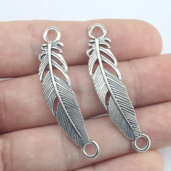 Newest 10Pieces 10*46mm Mixed Alloy Antique Silver Color Feather Charms Connector Pendant Accessory For DIY Jewelry Making