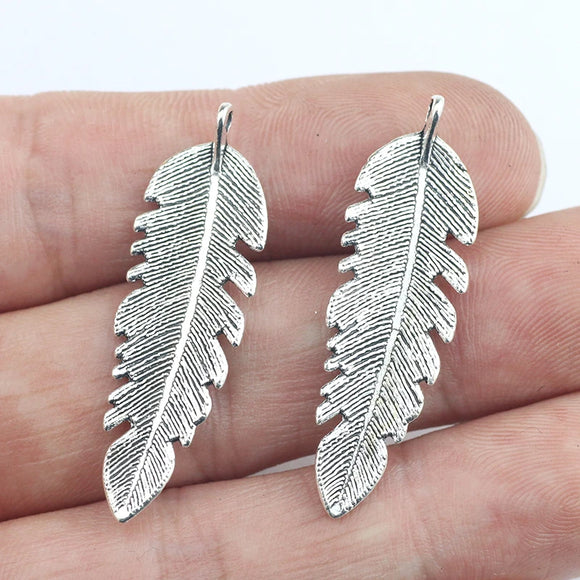 12Pieces 12*38mm Antique Silver Plated Feather Leaf Charms Necklace Earrings Pendant Phone Charms For Jewelry Making