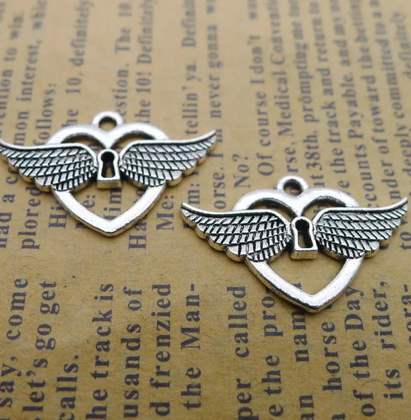 20Pcs 16*25mm Antique Silver Plated Alloy Angel Wings Charms Heart Pendant Accessories Charms For Diy Jewelry Making