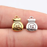 20pcs 14x10mm 2 Colors Antique Silver Color Antique Gold Color Chinese Style Double-Sided "Fu" Blessing Bag Charms