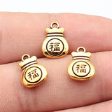 20pcs 14x10mm 2 Colors Antique Silver Color Antique Gold Color Chinese Style Double-Sided "Fu" Blessing Bag Charms