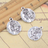 10 Uds. De dijes de flor rosa de 21x17mm, colgantes de Color plata antigua, fabricación de joyería tibetana hecha a mano DIY