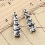 10 Uds. De dijes de torre 3D, 26x8x8mm, colgantes de Color plata antigua, fabricación artesanal, joyería tibetana hecha a mano