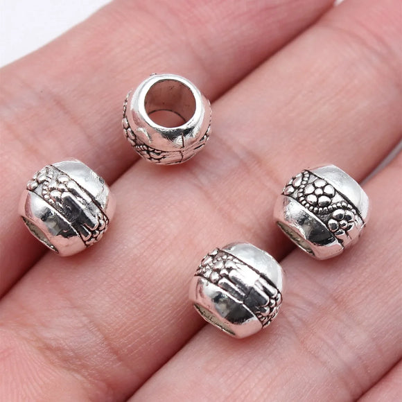 10pcs 9x9x8mm Antique Silver Color Round Carved Big Hole Beads Spacer Beads For DIY Jewelry Making Jewelry Findings