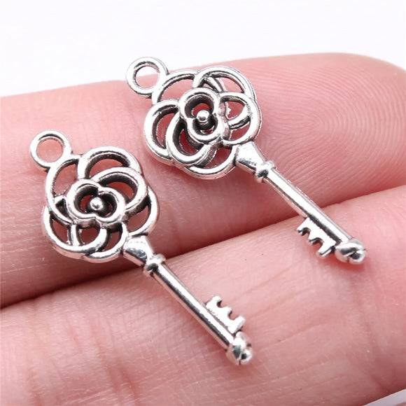 20pcs 28x11mm Antique Silver Color Flower Key Charms Pendant For DIY Jewelry Making Handmade Jewelry Craft Findings