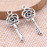 20pcs 28x11mm Antique Silver Color Flower Key Charms Pendant For DIY Jewelry Making Handmade Jewelry Craft Findings
